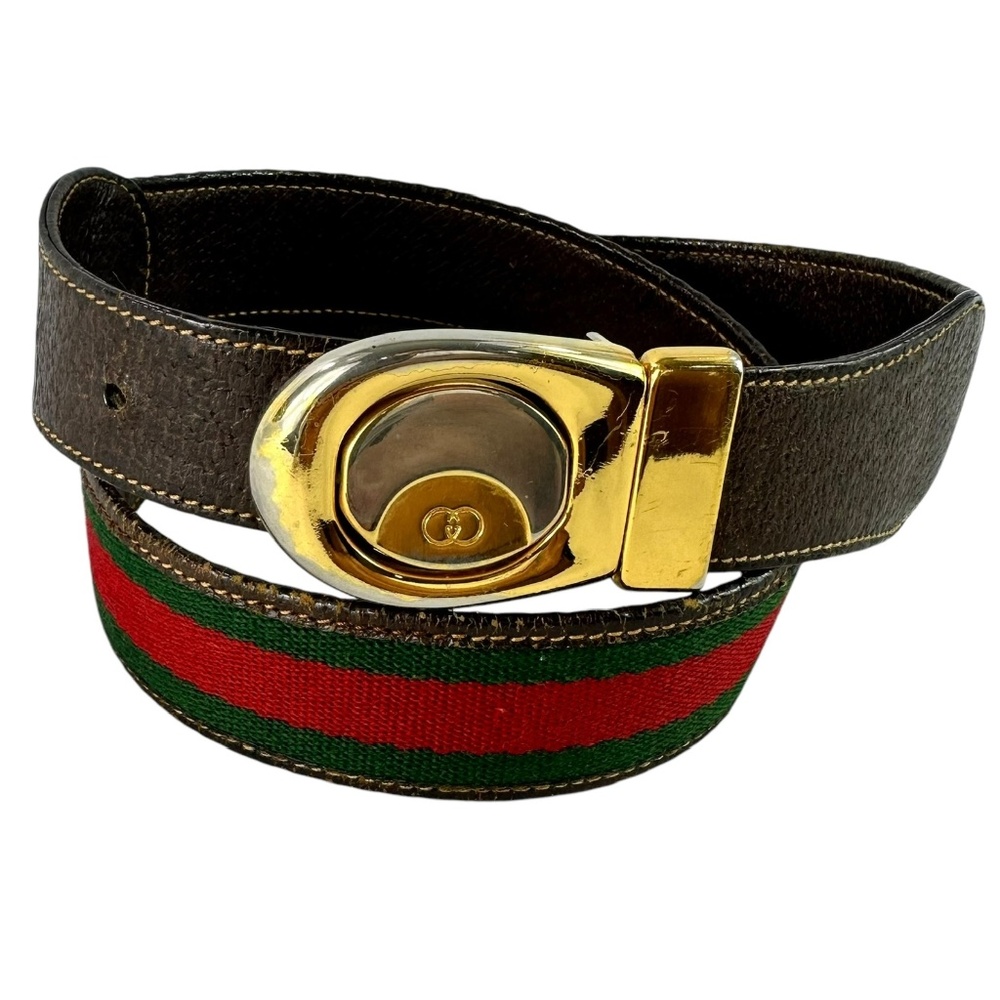 Genuine Vintage GUCCI Reversible Red Green Stripes Brown Leather GG belt 30
